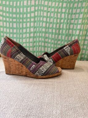 TOMS Multicolor Woven Cork Wedge — Red, Purple, Tan, Black